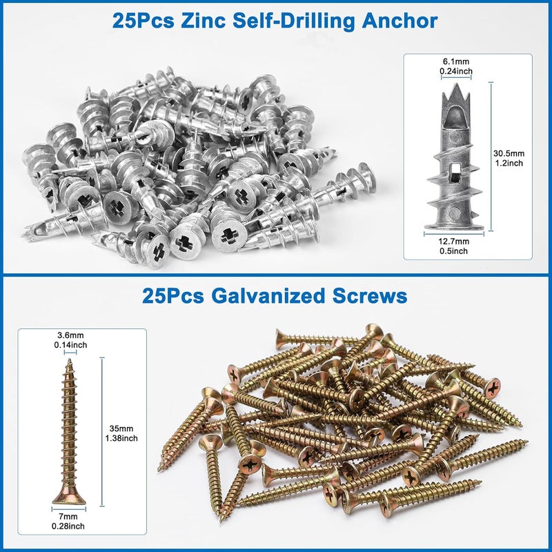 Vmuter Zinc Self-Drilling Drywall Anchors with Screws Kit, 25 Heavy Duty Metal Wall Anchors and 25#8 x 1-1/4'' Screws - 50 Pieces All Together - Image 2